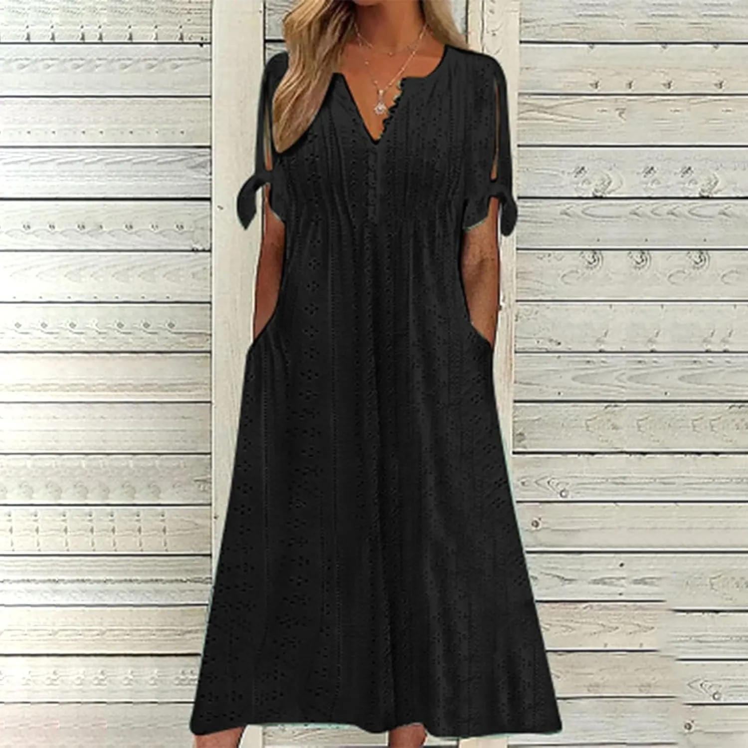 Women Summer Ruffle Hem Floral Lace Eyelet Dress Casual Notch Neck Midi Tunic Dress with Pocket A Line Casual Sundress