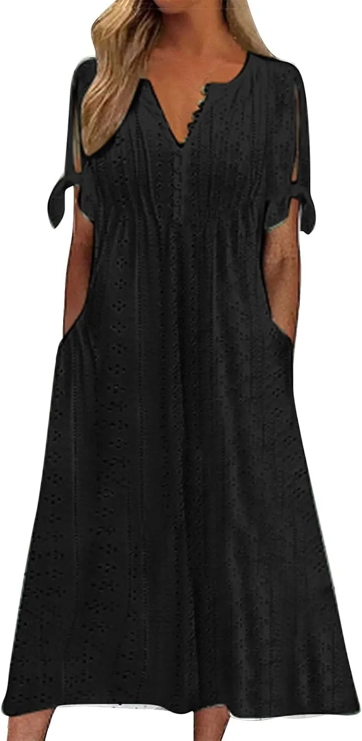 Women Summer Ruffle Hem Floral Lace Eyelet Dress Casual Notch Neck Midi Tunic Dress with Pocket A Line Casual Sundress