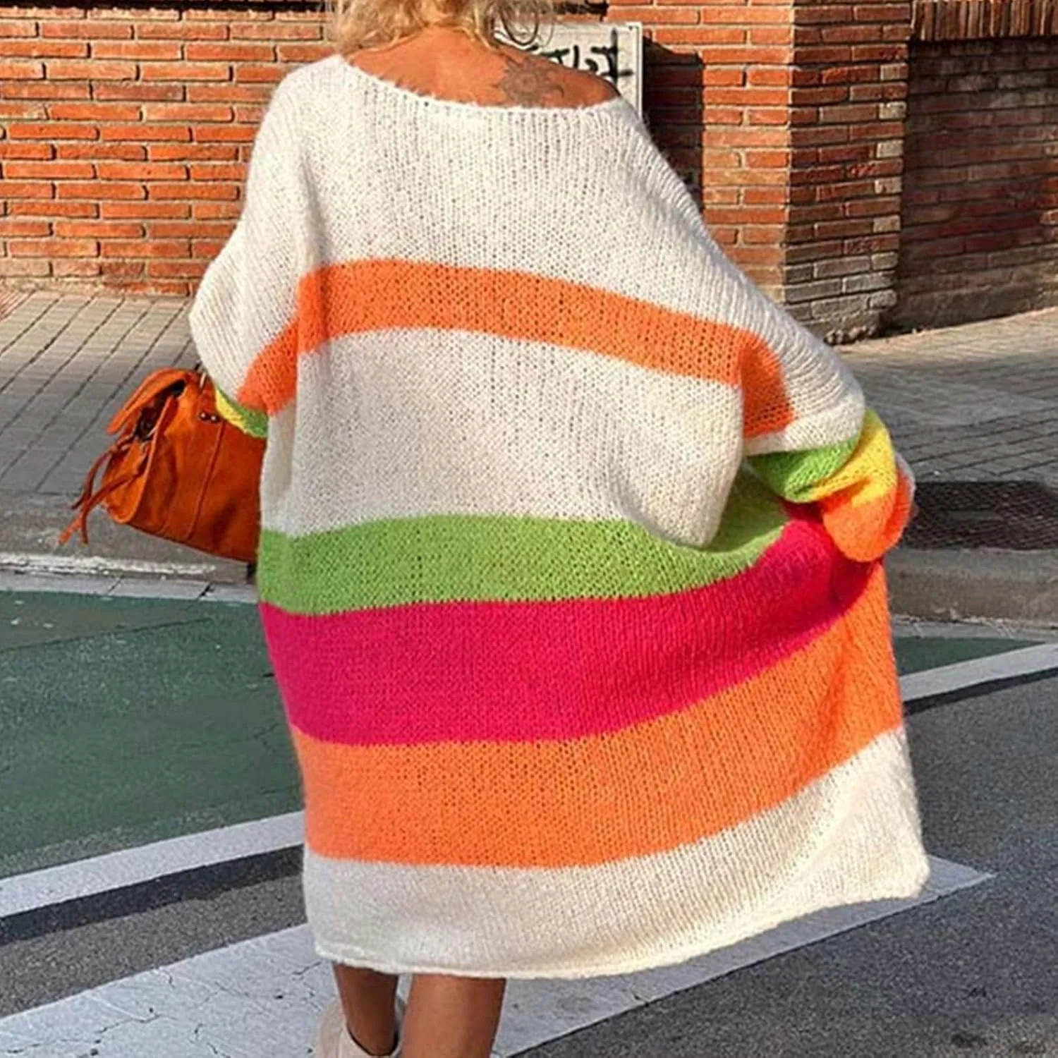 Women Trendy Oversized Sweater Dress Peace Letter Print Color Block Midi Dresses V Neck Long Sleeve Casual Knit Robe