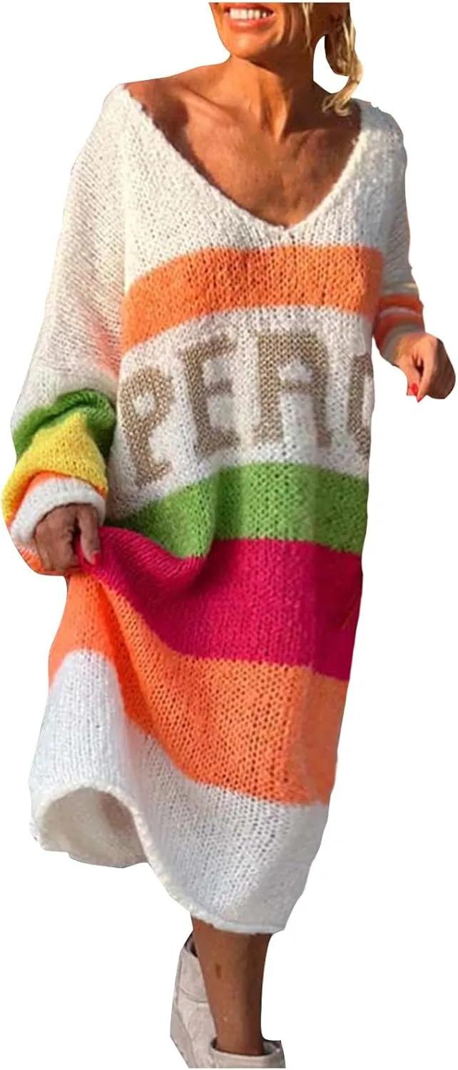 Women Trendy Oversized Sweater Dress Peace Letter Print Color Block Midi Dresses V Neck Long Sleeve Casual Knit Robe