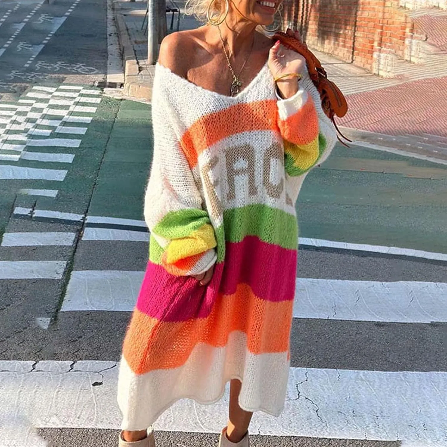Women Trendy Oversized Sweater Dress Peace Letter Print Color Block Midi Dresses V Neck Long Sleeve Casual Knit Robe