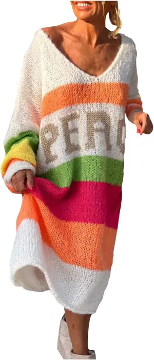 Women Trendy Oversized Sweater Dress Peace Letter Print Color Block Midi Dresses V Neck Long Sleeve Casual Knit Robe