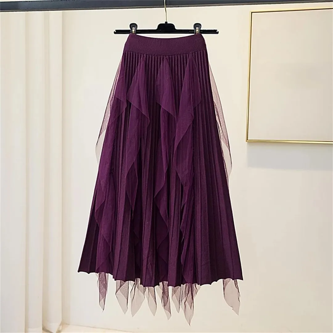 Women Tulle Patchwork Knitted Skirt Autumn Winter Elegant High Waist Pleated Midi Long Skirt