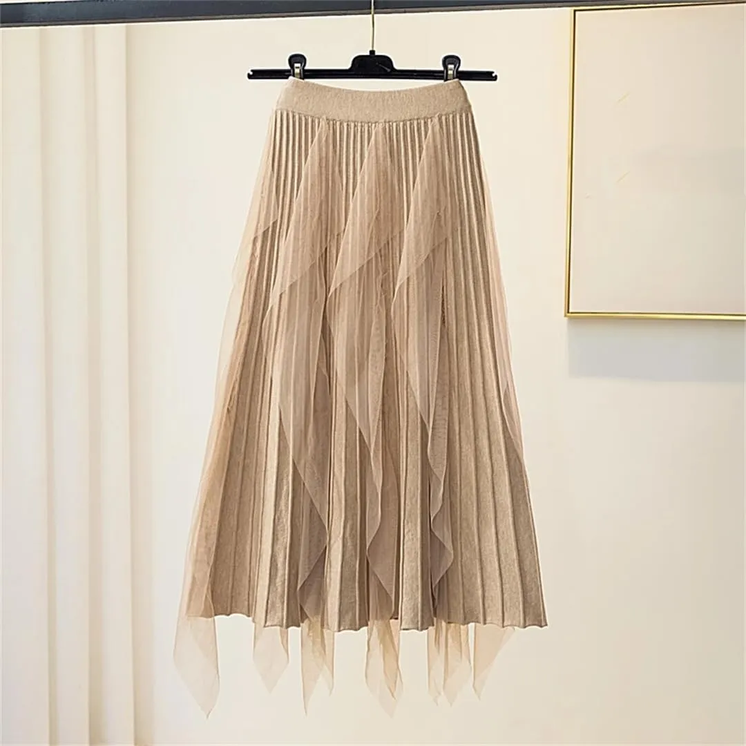 Women Tulle Patchwork Knitted Skirt Autumn Winter Elegant High Waist Pleated Midi Long Skirt