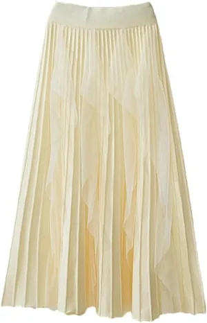 Women Tulle Patchwork Knitted Skirt Autumn Winter Elegant High Waist Pleated Midi Long Skirt