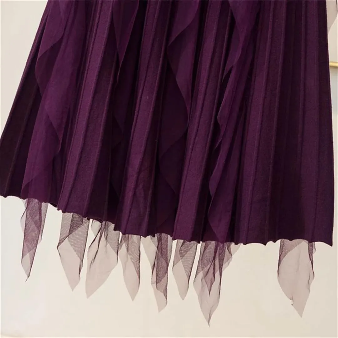Women Tulle Patchwork Knitted Skirt Autumn Winter Elegant High Waist Pleated Midi Long Skirt