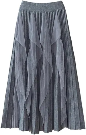 Women Tulle Patchwork Knitted Skirt Autumn Winter Elegant High Waist Pleated Midi Long Skirt