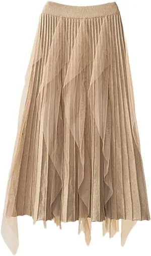 Women Tulle Patchwork Knitted Skirt Autumn Winter Elegant High Waist Pleated Midi Long Skirt
