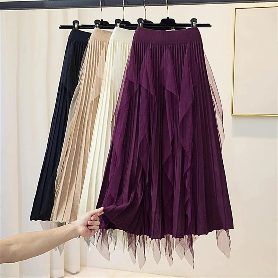 Women Tulle Patchwork Knitted Skirt Autumn Winter Elegant High Waist Pleated Midi Long Skirt