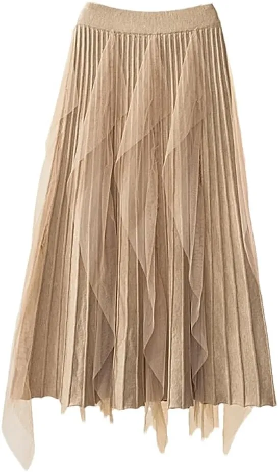 Women Tulle Patchwork Knitted Skirt Autumn Winter Elegant High Waist Pleated Midi Long Skirt