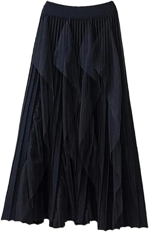 Women Tulle Patchwork Knitted Skirt Autumn Winter Elegant High Waist Pleated Midi Long Skirt