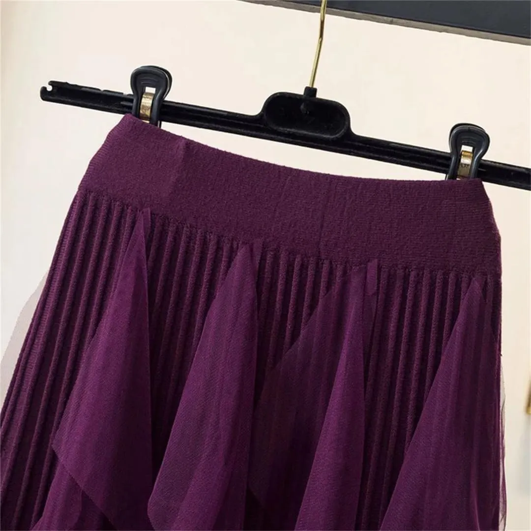 Women Tulle Patchwork Knitted Skirt Autumn Winter Elegant High Waist Pleated Midi Long Skirt
