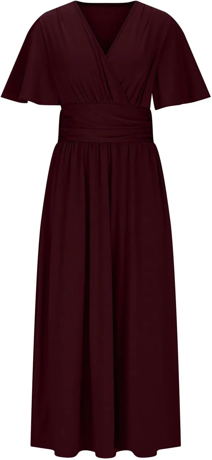 Women Wrap V Neck Ruffle Short Sleeve Midi Dress Smocked Empire Waist Summer Casual Elegant Split A-Line Beach Dresses