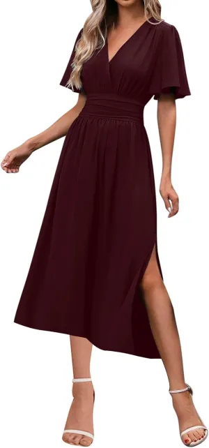 Women Wrap V Neck Ruffle Short Sleeve Midi Dress Smocked Empire Waist Summer Casual Elegant Split A-Line Beach Dresses