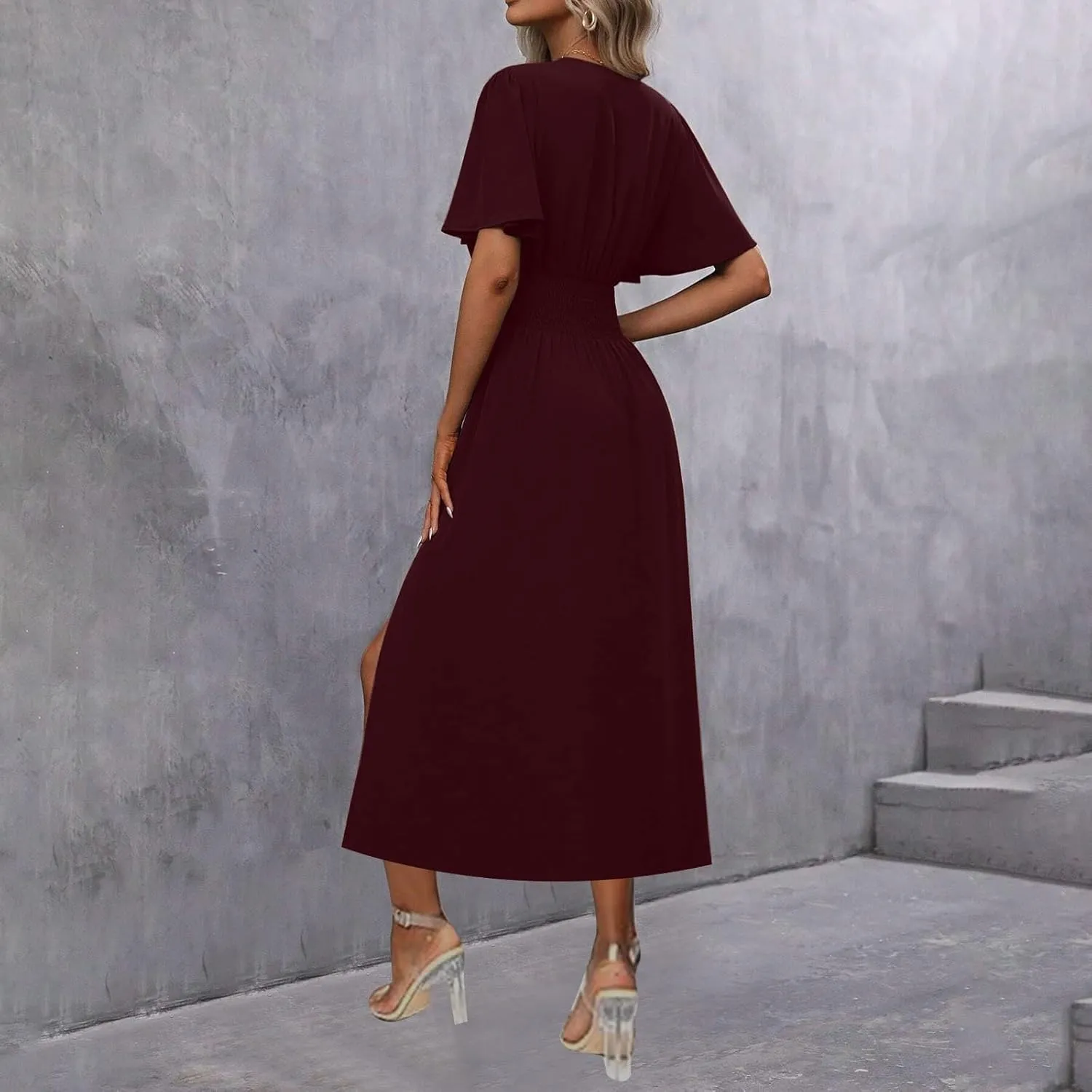 Women Wrap V Neck Ruffle Short Sleeve Midi Dress Smocked Empire Waist Summer Casual Elegant Split A-Line Beach Dresses