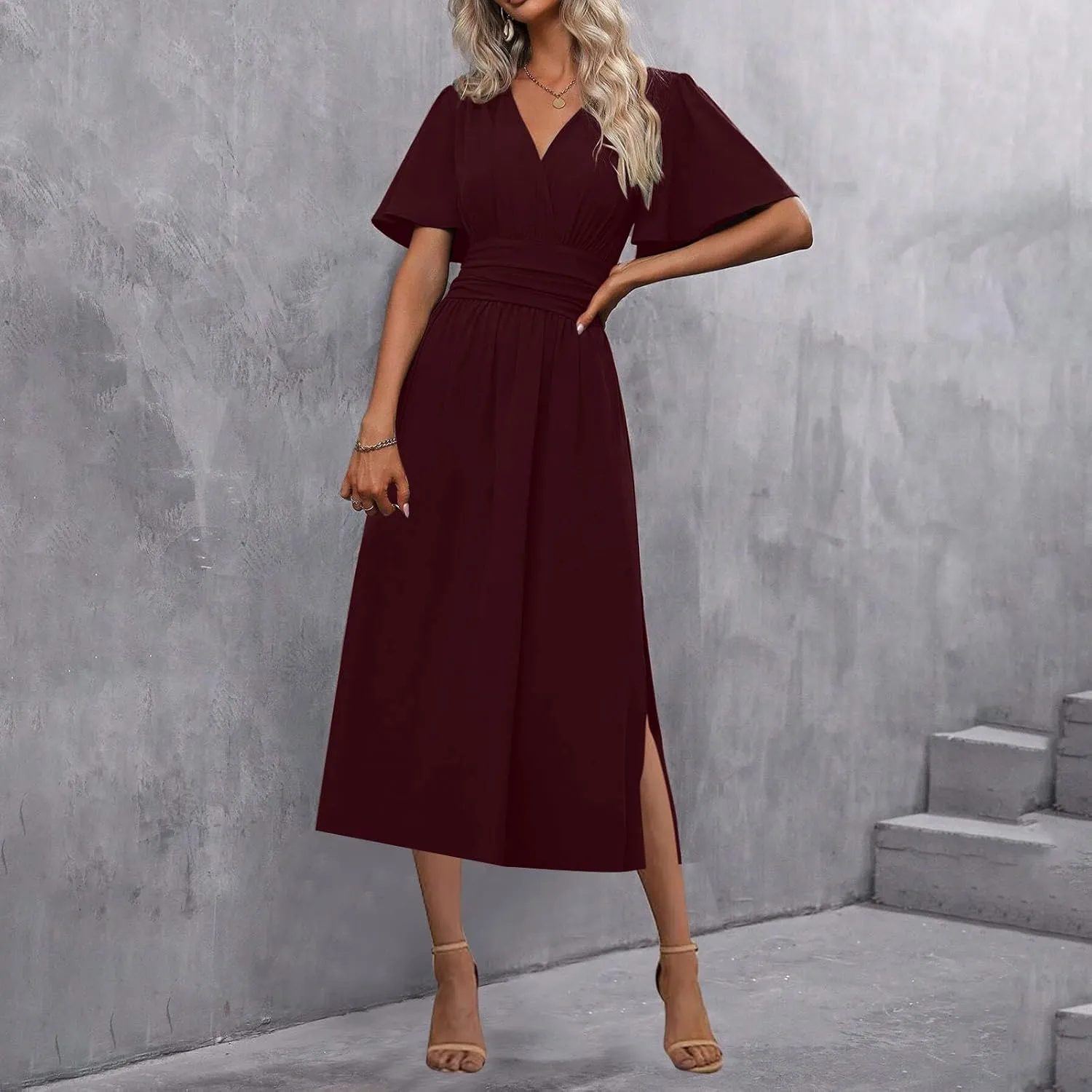 Women Wrap V Neck Ruffle Short Sleeve Midi Dress Smocked Empire Waist Summer Casual Elegant Split A-Line Beach Dresses