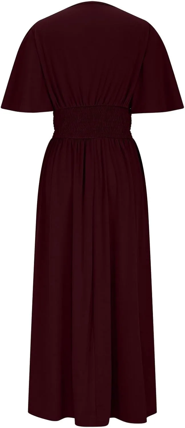 Women Wrap V Neck Ruffle Short Sleeve Midi Dress Smocked Empire Waist Summer Casual Elegant Split A-Line Beach Dresses