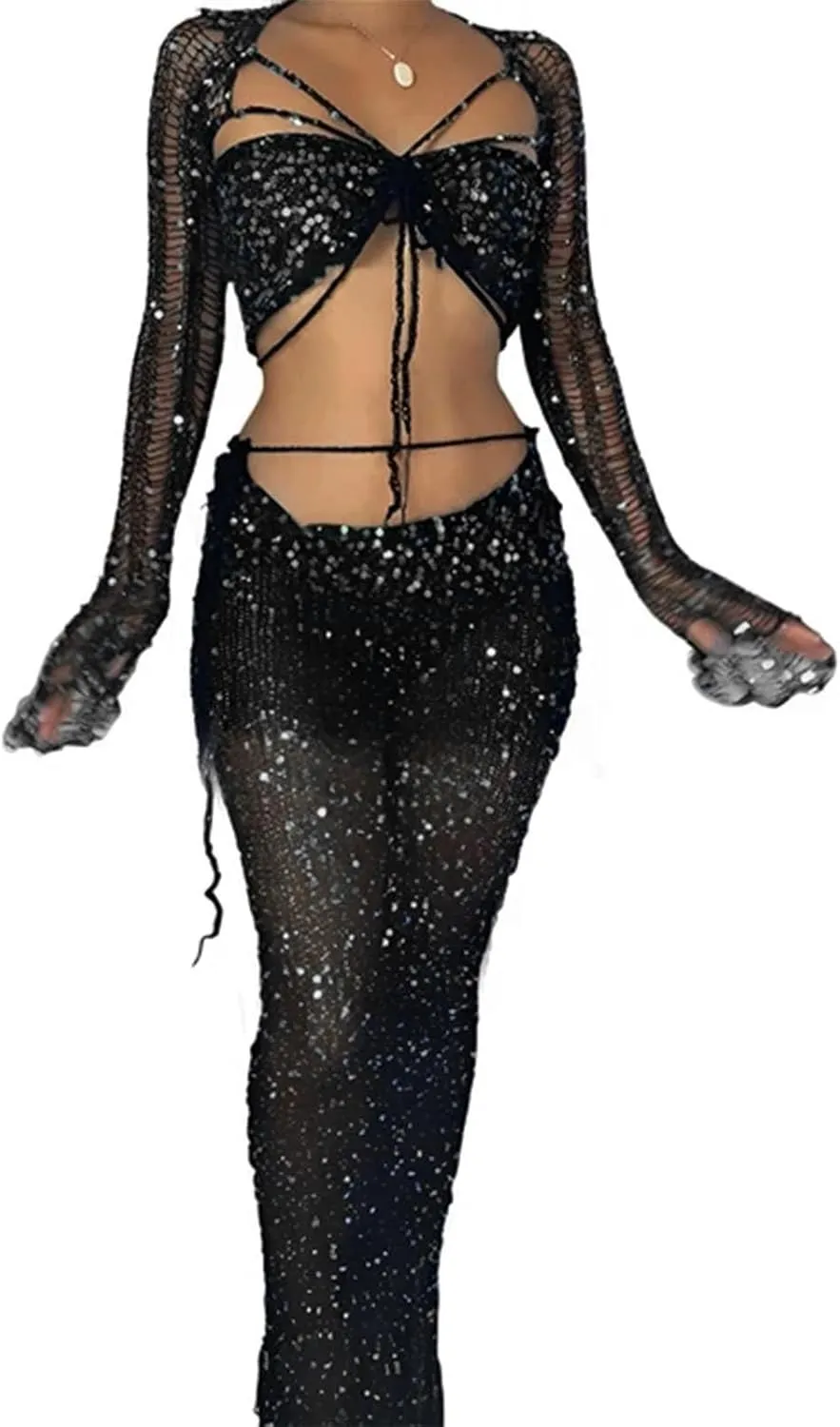 Women's 2 Piece Skirt Sets Hollow Out Sequined Long Skirt Suit Elegant With Long Sleeve Crop Top Vacation Beach Maxi Dresses