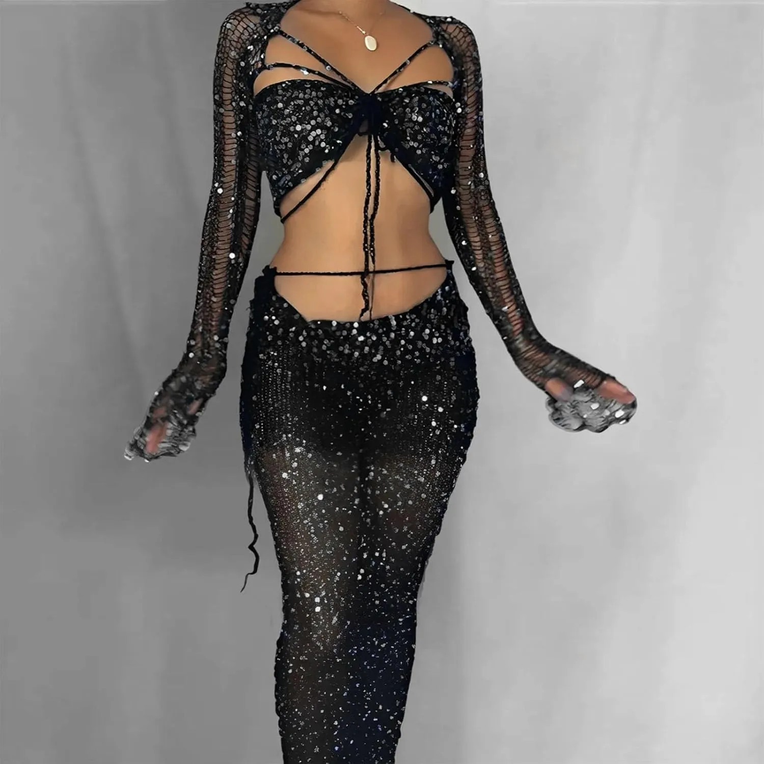 Women's 2 Piece Skirt Sets Hollow Out Sequined Long Skirt Suit Elegant With Long Sleeve Crop Top Vacation Beach Maxi Dresses