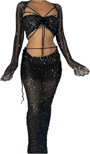 Women's 2 Piece Skirt Sets Hollow Out Sequined Long Skirt Suit Elegant With Long Sleeve Crop Top Vacation Beach Maxi Dresses
