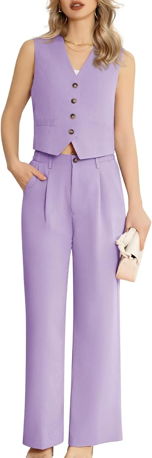 Women's 2 Piece Suiting Set Sleeveless Vest and Wide Leg Pants Suit Casual Business Office Outfit