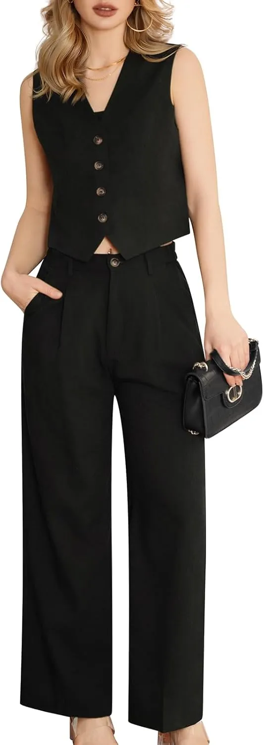 Women's 2 Piece Suiting Set Sleeveless Vest and Wide Leg Pants Suit Casual Business Office Outfit