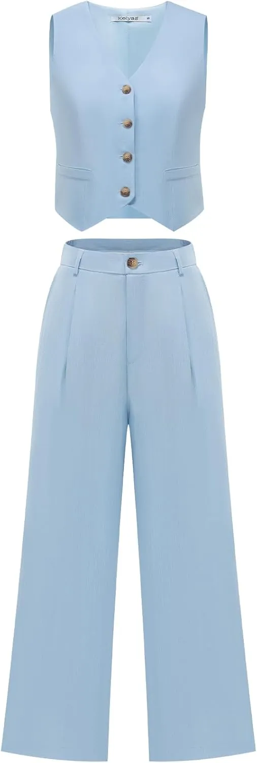 Women's 2 Piece Suiting Set Sleeveless Vest and Wide Leg Pants Suit Casual Business Office Outfit