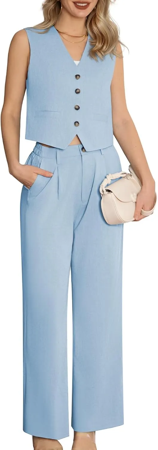 Women's 2 Piece Suiting Set Sleeveless Vest and Wide Leg Pants Suit Casual Business Office Outfit