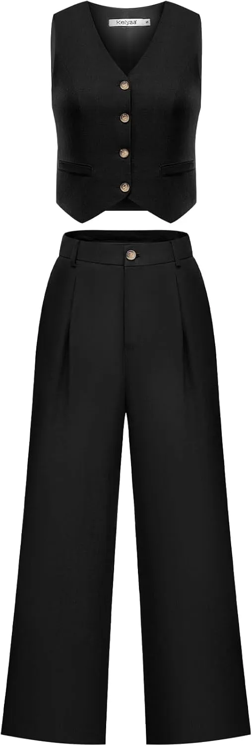 Women's 2 Piece Suiting Set Sleeveless Vest and Wide Leg Pants Suit Casual Business Office Outfit