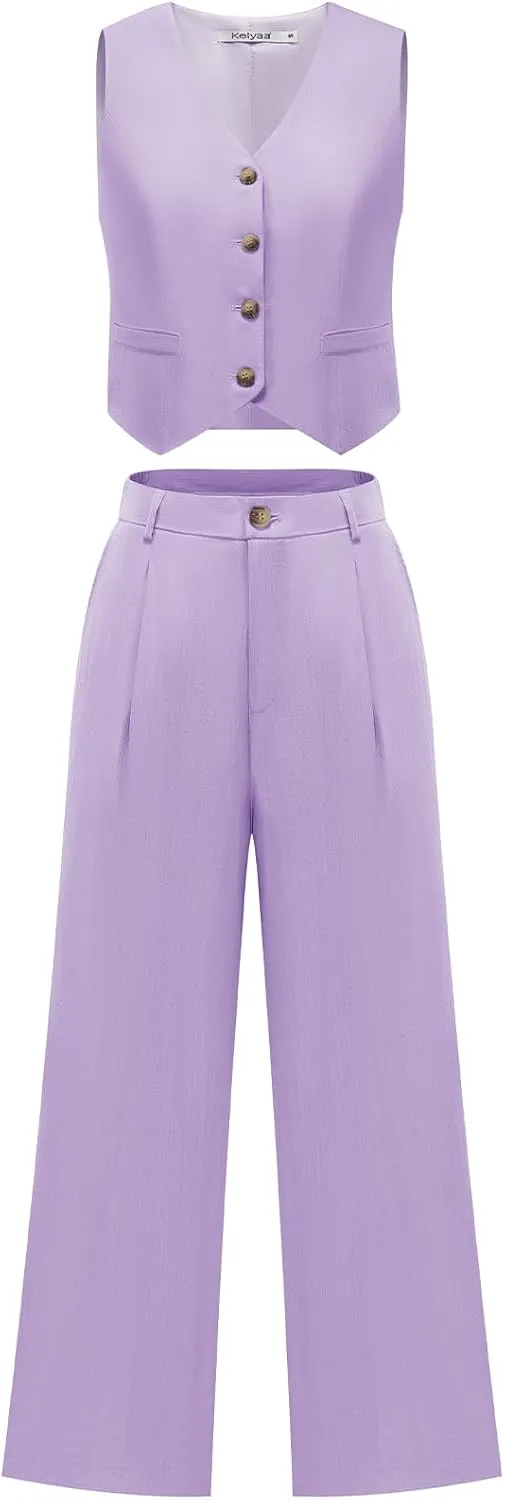 Women's 2 Piece Suiting Set Sleeveless Vest and Wide Leg Pants Suit Casual Business Office Outfit