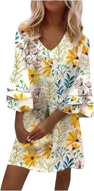 Womens 3/4 Bell Sleeve V Neck Elegant Mini Dress Floral Printed Beachwear Temperament Casual Resort Dress