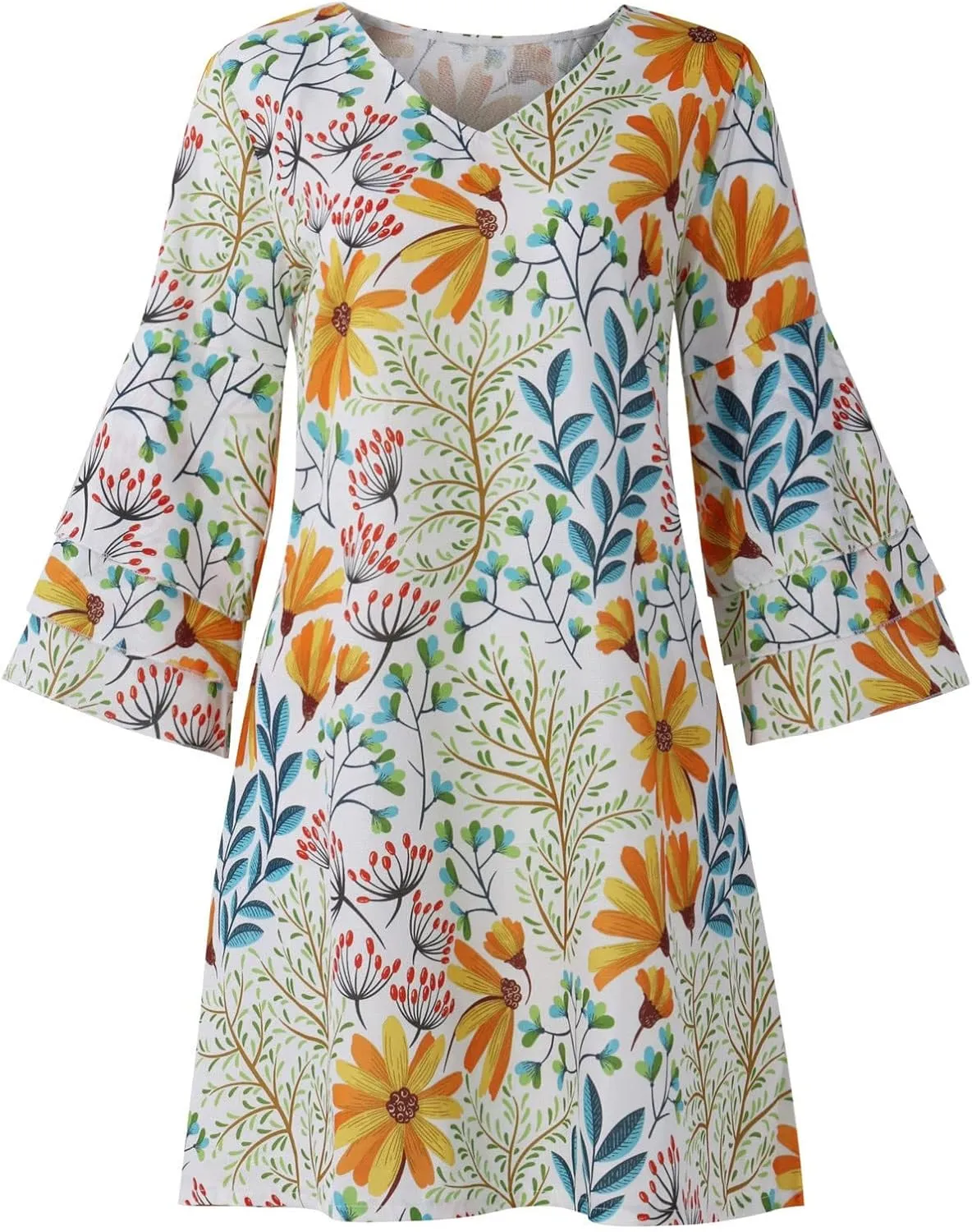 Womens 3/4 Bell Sleeve V Neck Elegant Mini Dress Floral Printed Beachwear Temperament Casual Resort Dress