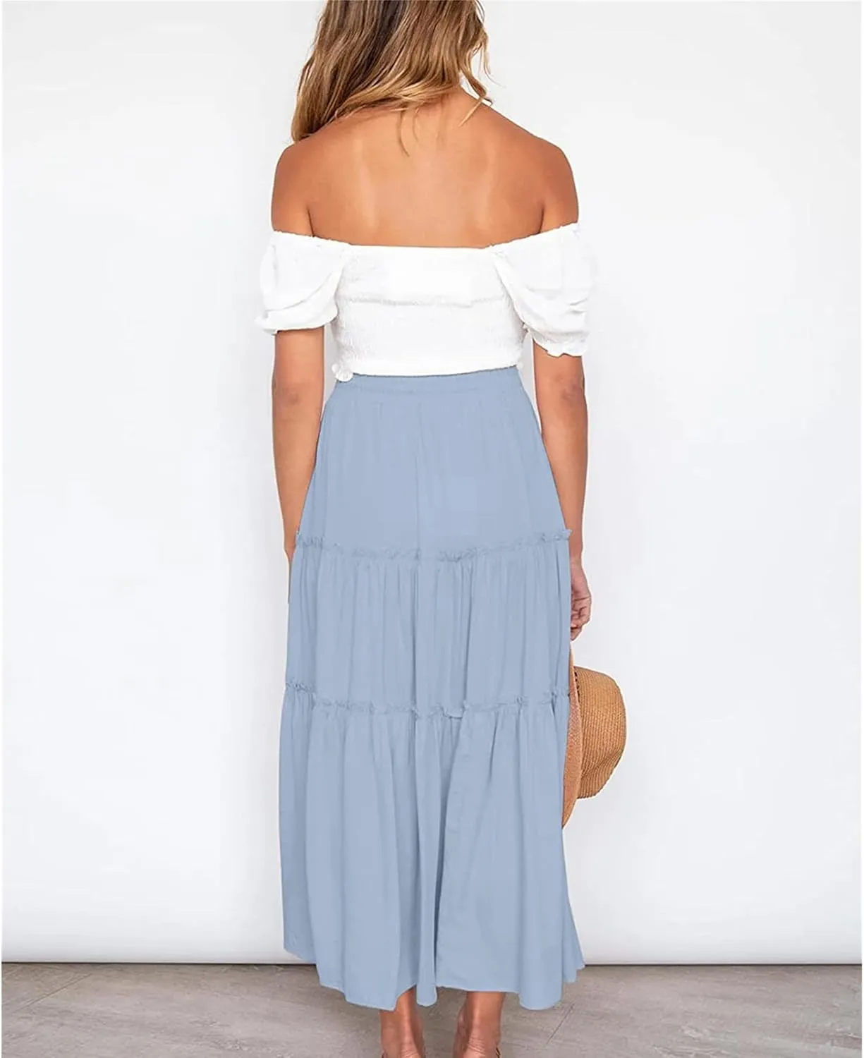 Women's Boho Elastic High Waist Skirt Dress A Line Ruffle Swing Beach Maxi Skirt Casual Drawstring Elegant Long Skirts