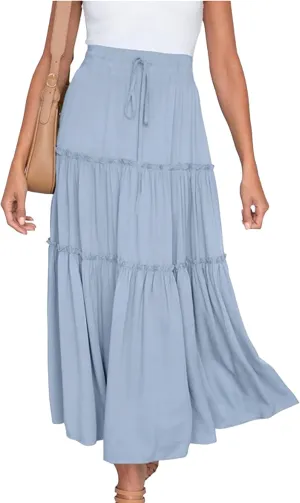 Women's Boho Elastic High Waist Skirt Dress A Line Ruffle Swing Beach Maxi Skirt Casual Drawstring Elegant Long Skirts