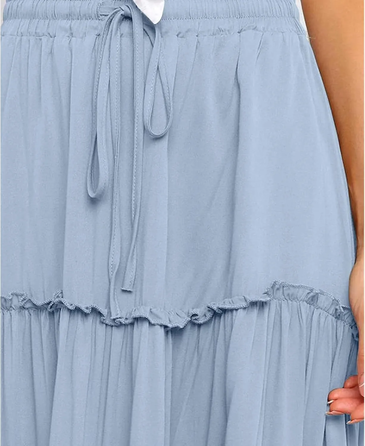 Women's Boho Elastic High Waist Skirt Dress A Line Ruffle Swing Beach Maxi Skirt Casual Drawstring Elegant Long Skirts