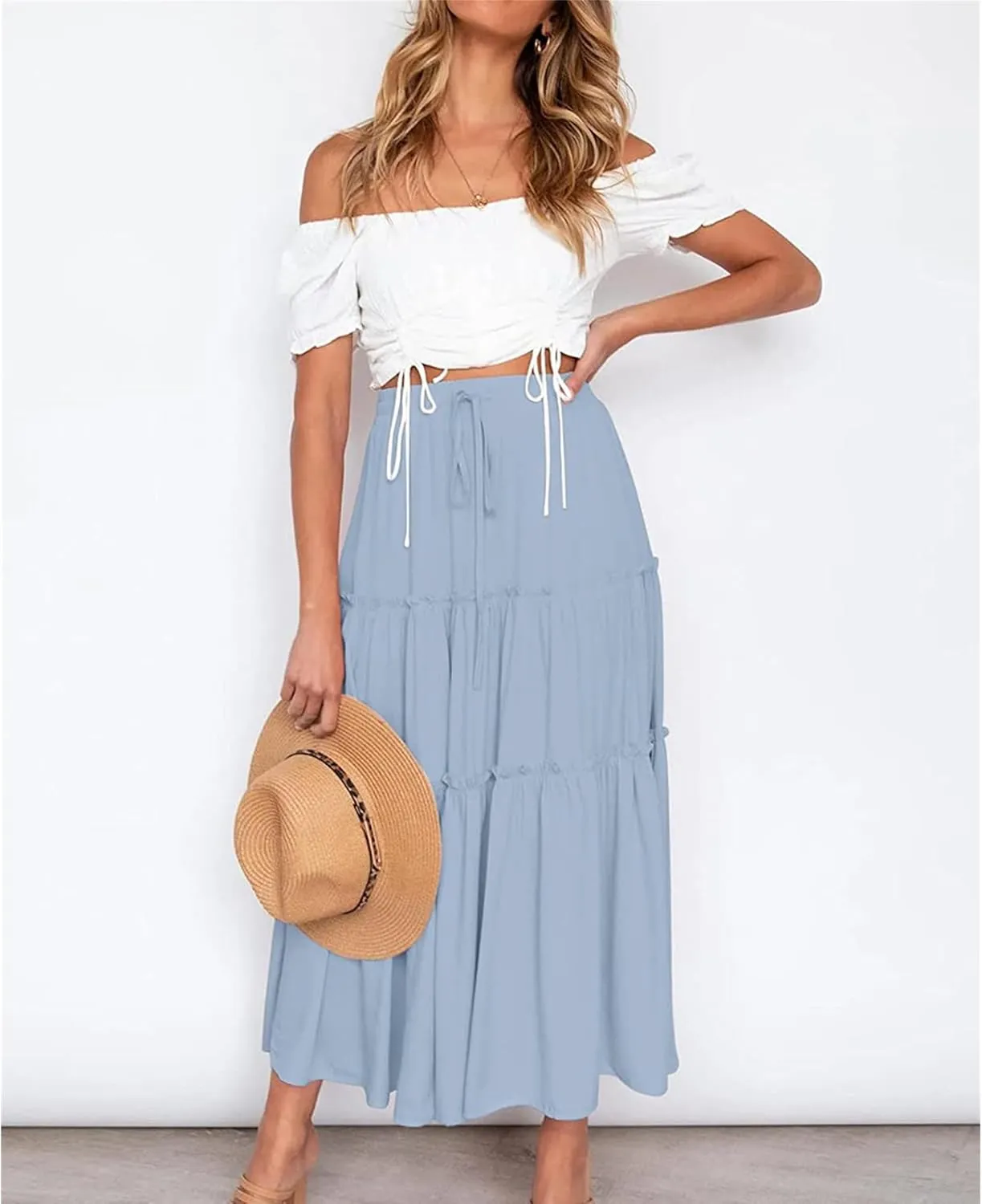 Women's Boho Elastic High Waist Skirt Dress A Line Ruffle Swing Beach Maxi Skirt Casual Drawstring Elegant Long Skirts