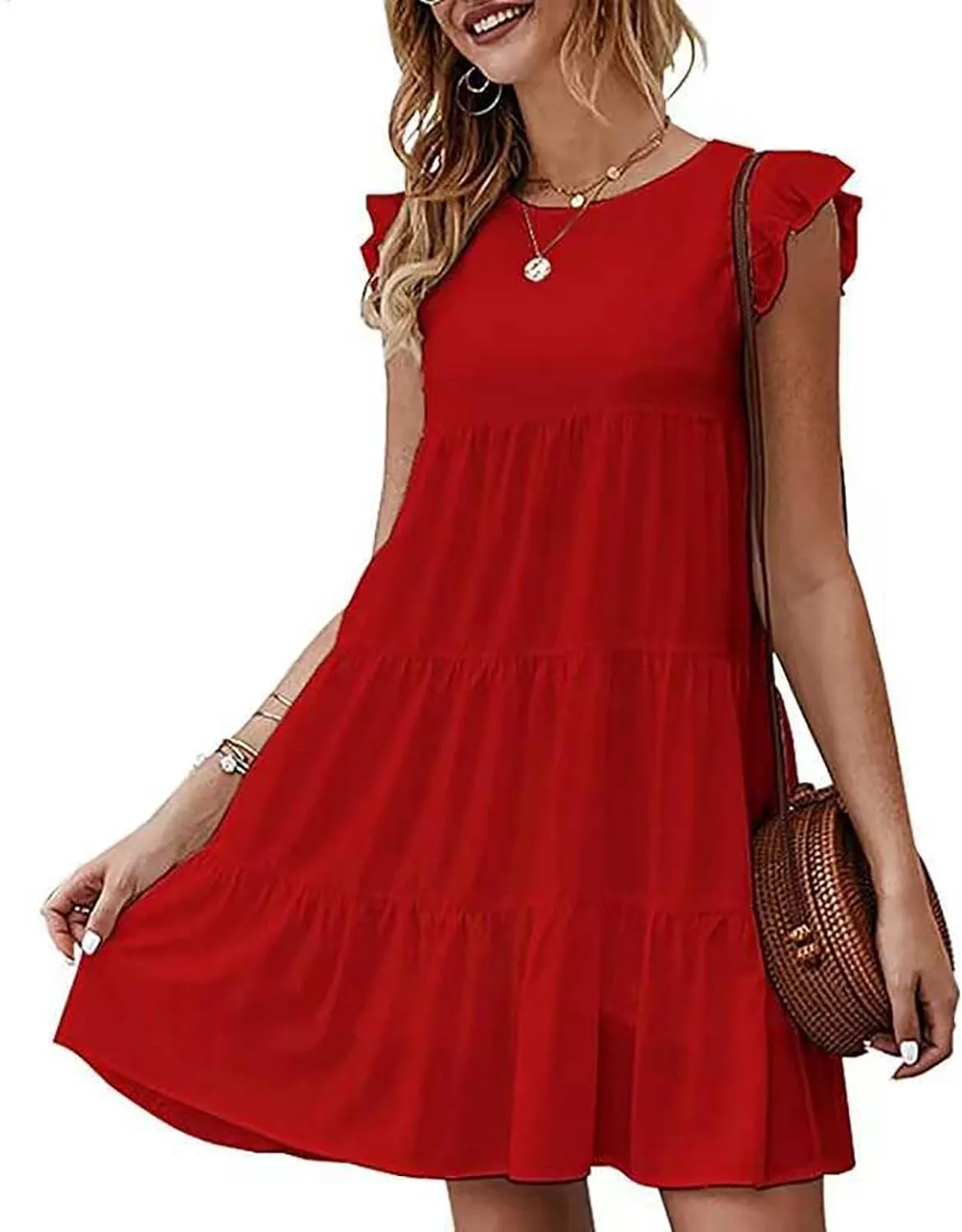 Womens Boho Solid Printed Dress Ruffle Sleeve Tiered Beach Dresses Loose Casual Flowy Swing Short Mini T-Shirt Dress
