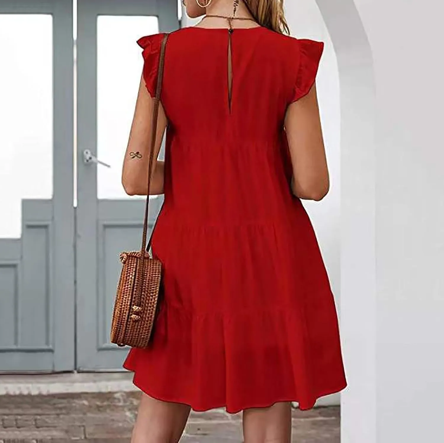Womens Boho Solid Printed Dress Ruffle Sleeve Tiered Beach Dresses Loose Casual Flowy Swing Short Mini T-Shirt Dress