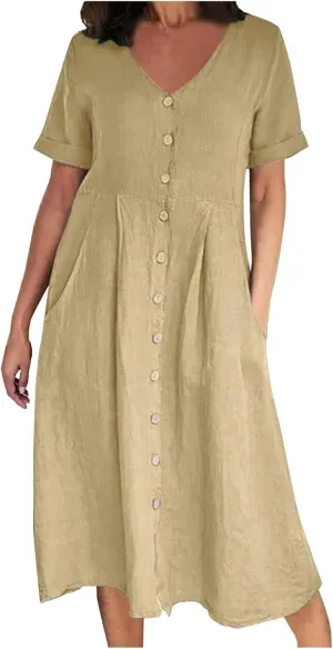 Women's Button Down Shirts Dress Summer Cotton Linen Dresses Casual Elegant Formal Work Short Sleeve Loose Midi Dress