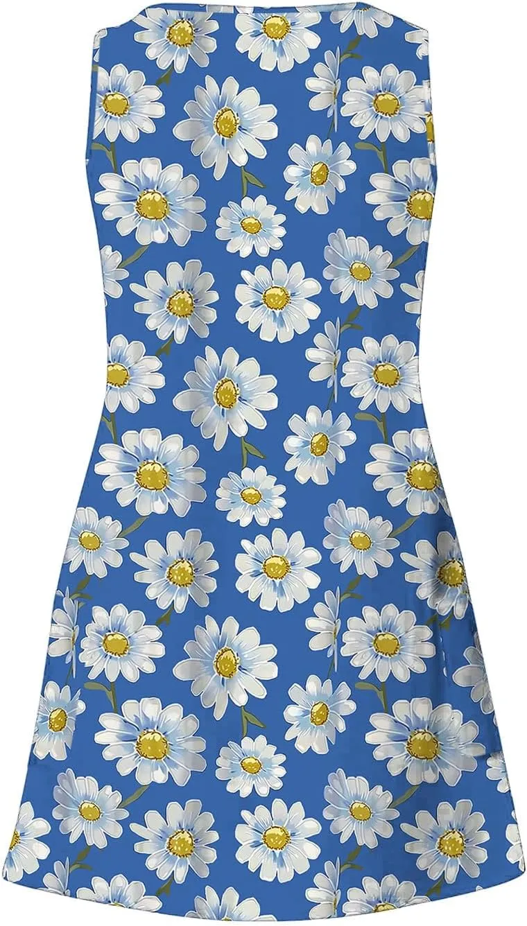 Women's Casual Boho Tank Dress Summer Beach Sundress Vintage Floral Printed A-Line Dresses Elegant Midi Sundresses