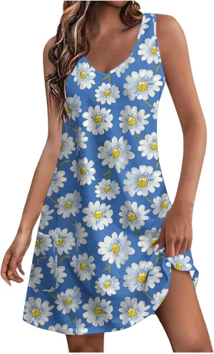 Women's Casual Boho Tank Dress Summer Beach Sundress Vintage Floral Printed A-Line Dresses Elegant Midi Sundresses