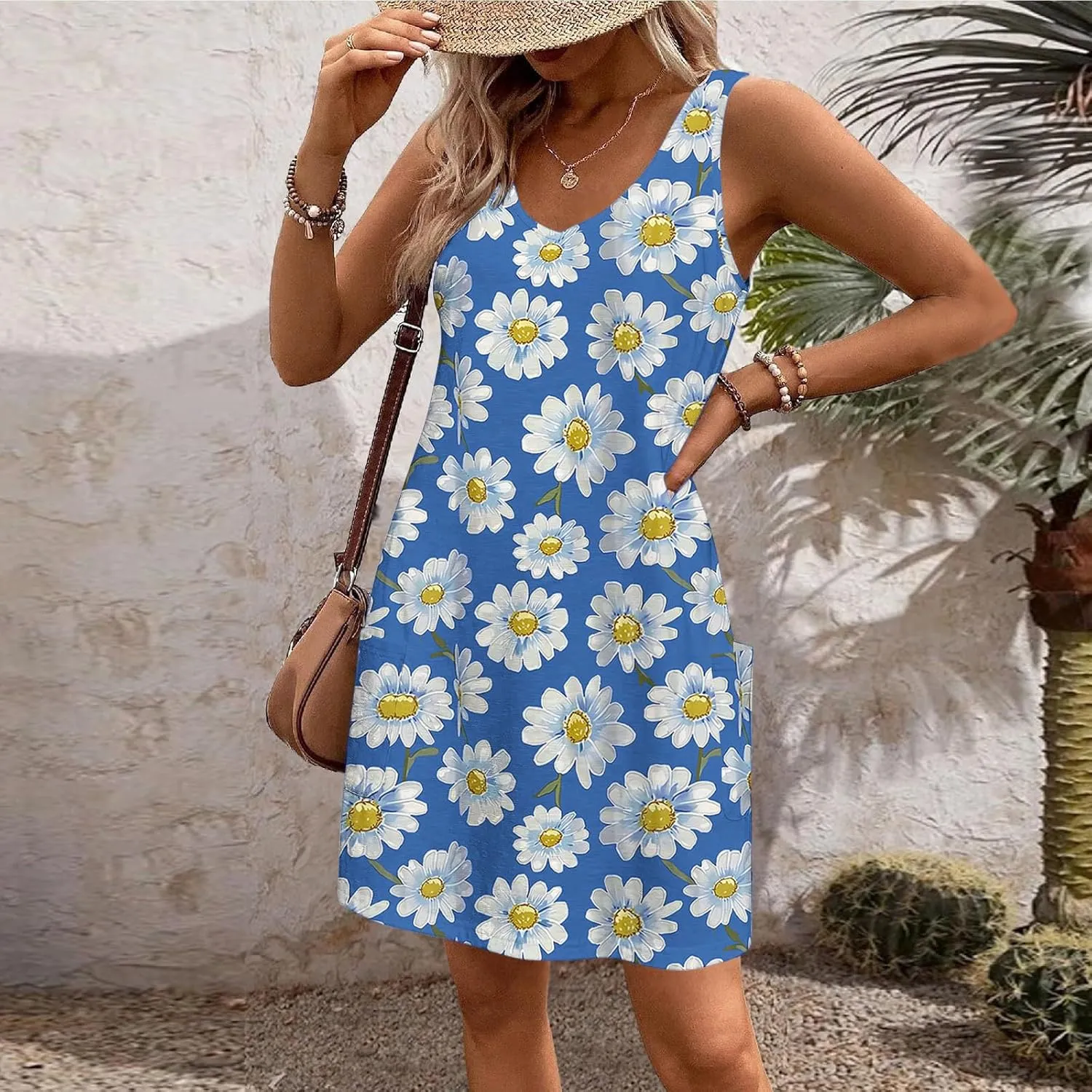 Women's Casual Boho Tank Dress Summer Beach Sundress Vintage Floral Printed A-Line Dresses Elegant Midi Sundresses