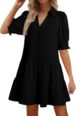 Women's Casual Lapel V-Neck Ruffle Sleeve Pleated Dress Collared Swing Mini Dresses Tiered A Line Dress Trendy