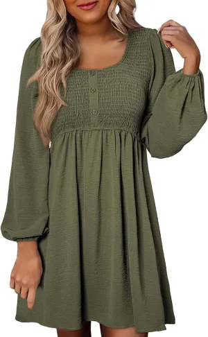 Women's Casual Pleated Long Sleeve Dresses Tunic Waist A-Line Mini Dress Crew Neck Button Up Smocked Sundress