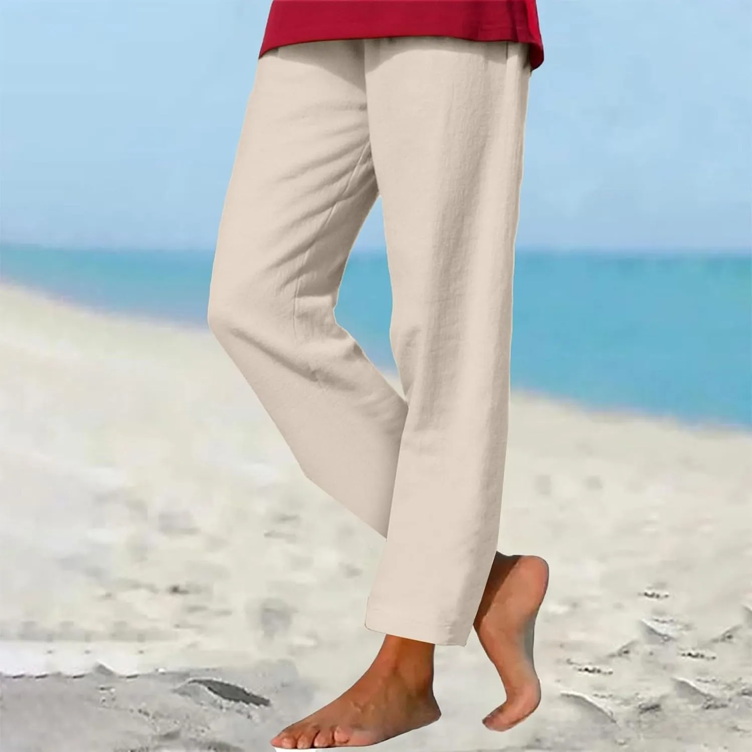 Womens Cotton Linen Pants Casual Summer 2025 Straight Loose High Waisted Drawstring Elastic Pant Beach Daily Trouser