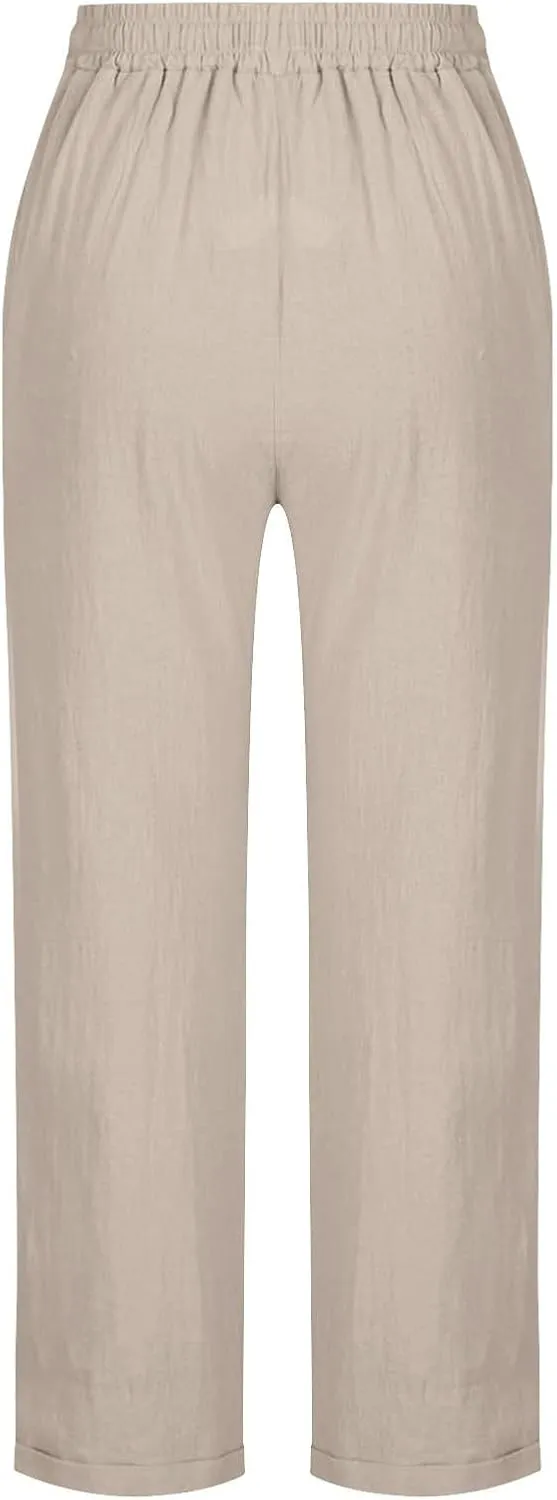 Womens Cotton Linen Pants Casual Summer 2025 Straight Loose High Waisted Drawstring Elastic Pant Beach Daily Trouser