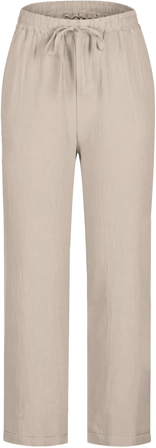 Womens Cotton Linen Pants Casual Summer 2025 Straight Loose High Waisted Drawstring Elastic Pant Beach Daily Trouser