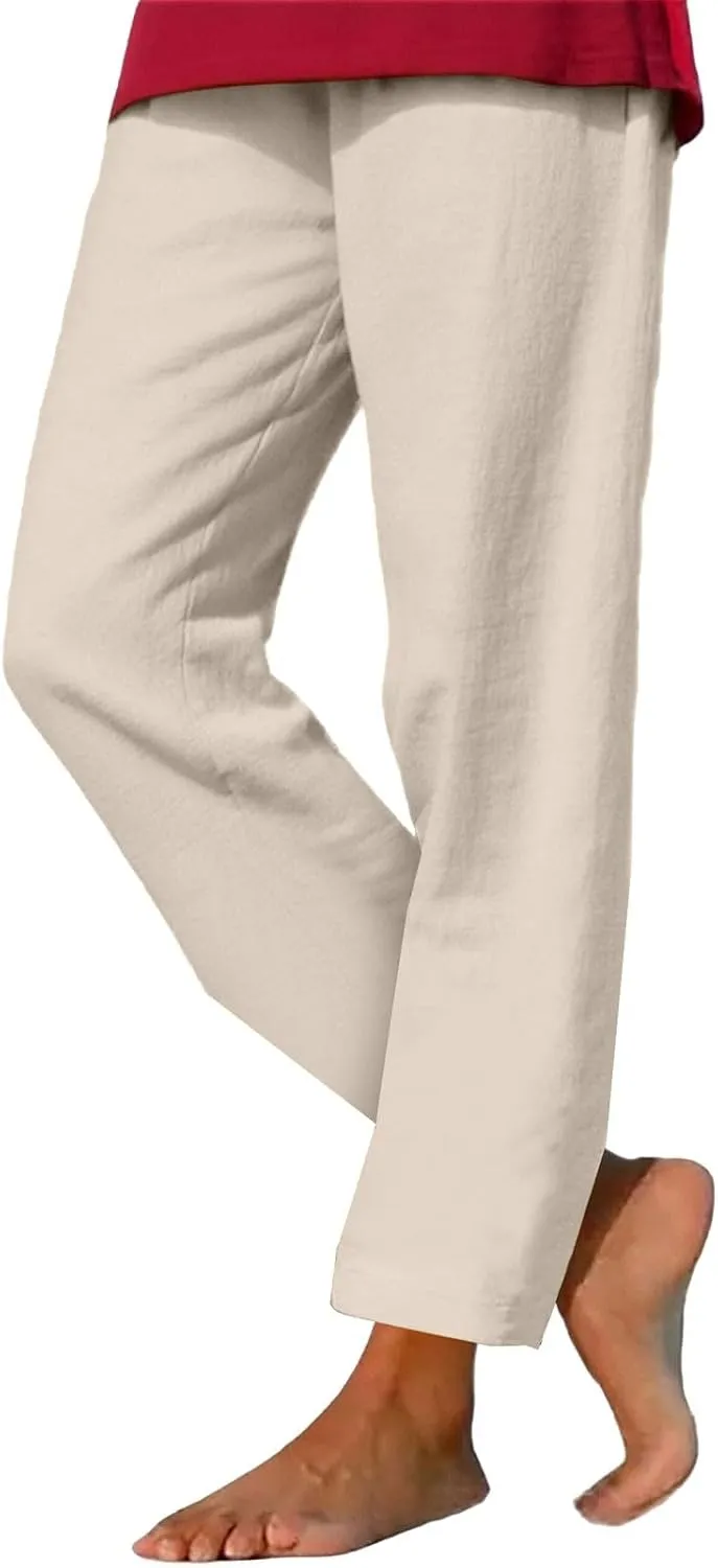 Womens Cotton Linen Pants Casual Summer 2025 Straight Loose High Waisted Drawstring Elastic Pant Beach Daily Trouser