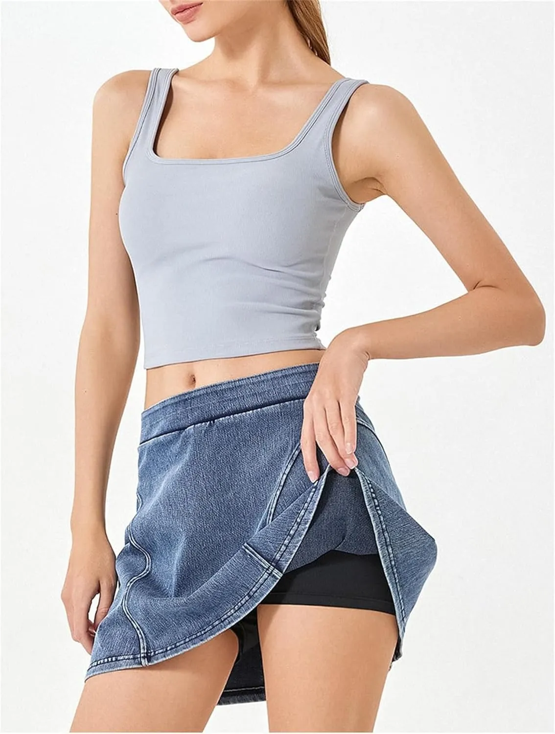 Womens Denim Mini Trendy High Waisted Jean Skirts, High Elastic Two Piece Yoga Short Skirt Outside Fitness Shorts