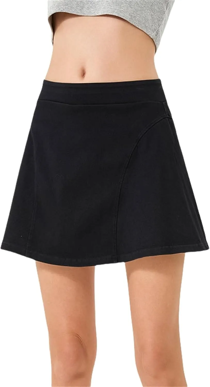 Womens Denim Mini Trendy High Waisted Jean Skirts, High Elastic Two Piece Yoga Short Skirt Outside Fitness Shorts